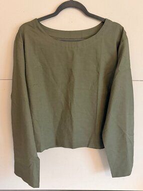 North Fashion Women Olive Green Round Neck Long Sleeve Top Linen/Cotton Size XL